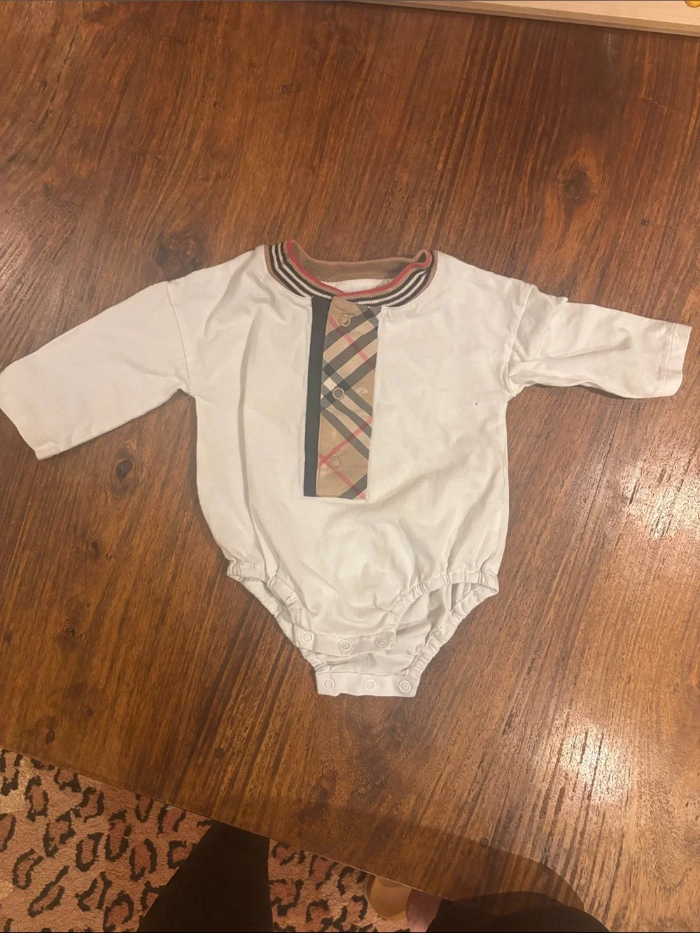Burberry White Baby One-Piece with Signature Plaid Trim -Damaged